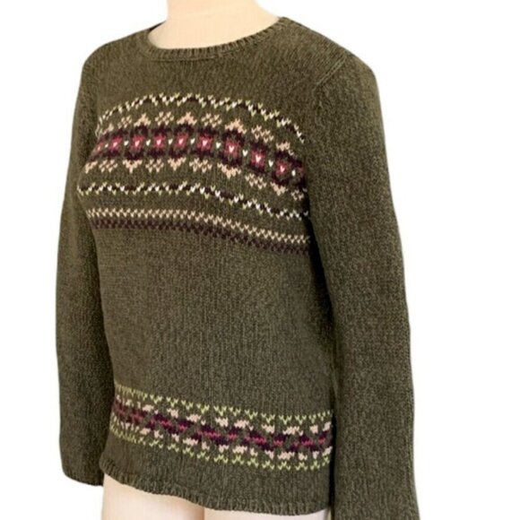 Meg Allen Liz Claiborne Cotton Blend Nordic Sweater L Olive Green 206C - Picture 3 of 8